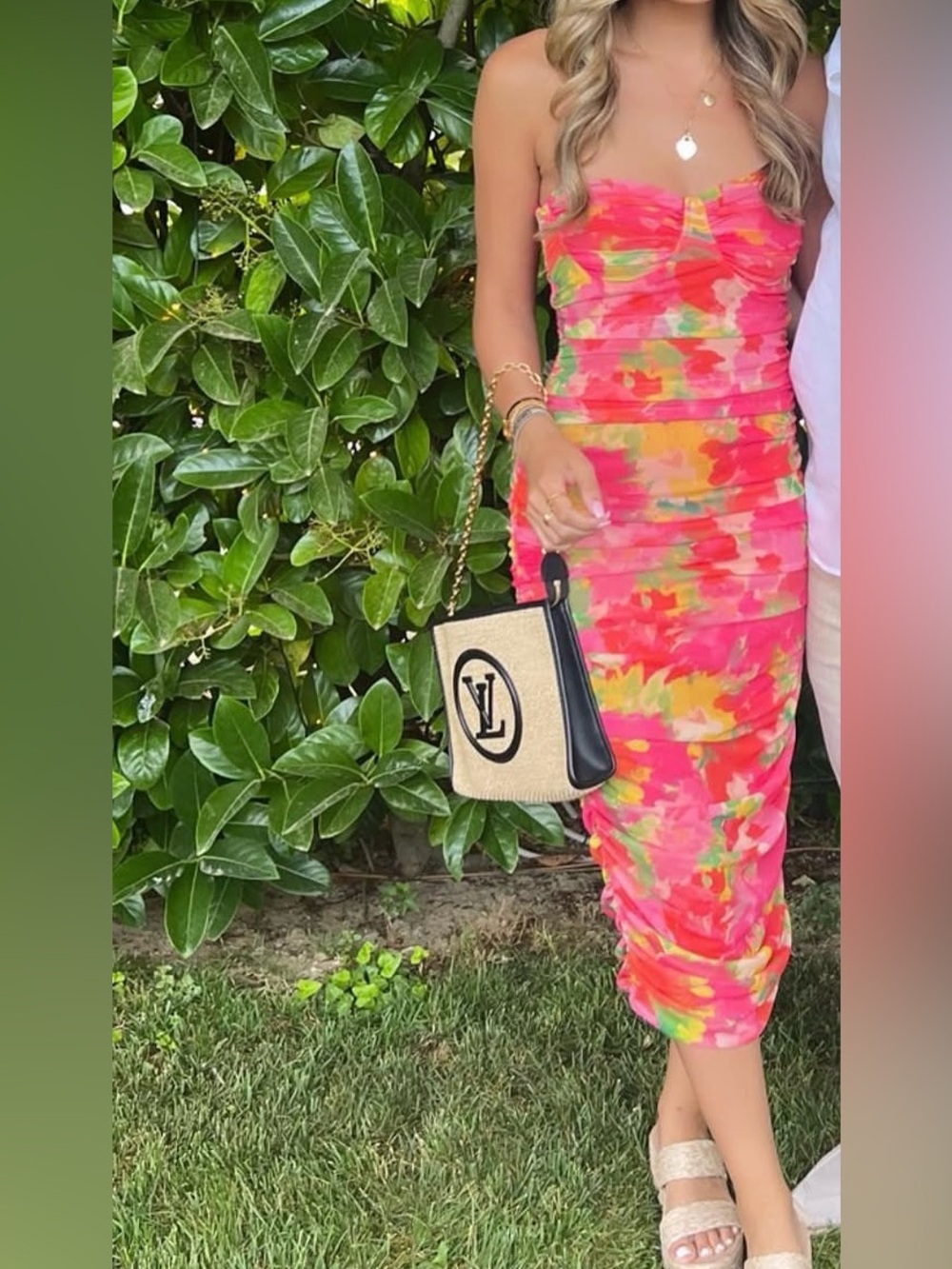Zara Bright Pink Multicolor Ruched Shoulder Dress